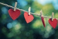 red love hearts pegged onto a clothes line outdoors