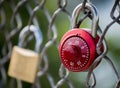 Red love lock on chain link fence Royalty Free Stock Photo