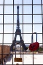 Red love lock, with two lovers' names and Eiffel Tower on background, Paris Royalty Free Stock Photo