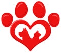 Red Love Paw With Dog And Cat Silhouette Print Logo Flat Design Royalty Free Stock Photo