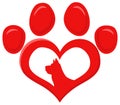 Red Love Paw With Dog Silhouette Print Logo Flat Design. Royalty Free Stock Photo