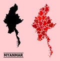 Red Lovely Mosaic Map of Myanmar