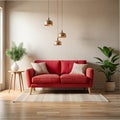 Red loveseat in a modern beige living room with copy space Royalty Free Stock Photo