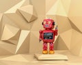 Red low poly robot in pastel yellow polygonal background