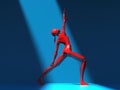 Red low polygon girl doing yoga in blue room in ray of sunlight