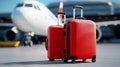 Red luggage with airplane in background at airport Royalty Free Stock Photo