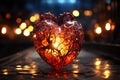 Red luminous heart on the background of bokeh effec. Generative AI