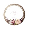 Red luxury floral greeting card with white, green and purple flowers on white backgroud and wooden circle frame Royalty Free Stock Photo