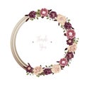 Red luxury floral greeting card with white, green and purple flowers on white backgroud and wooden circle frame Royalty Free Stock Photo