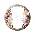 Red luxury floral greeting card with white, green and purple flowers on white backgroud and wooden circle frame Royalty Free Stock Photo