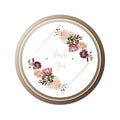 Red luxury floral greeting card with white, green and purple flowers on white background and wooden circle frame Royalty Free Stock Photo