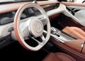 Red luxury modern car Interior. Steering wheel, shift lever and dashboard. Detail of modern car interior. Automatic gear stick.