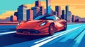 Red luxury sports car running at high speed on a downtown city road. Automotive vector illustration