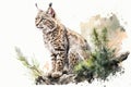 The red lynx or bobcat sitting on a rock, watercolor illustration generated by AI Royalty Free Stock Photo