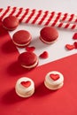 Red Macarons and red shaped hearten an envelope Royalty Free Stock Photo