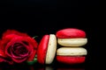 Red macaroon on black background with red roses Royalty Free Stock Photo