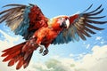 Red macaw parrot flying in the blue sky - illustration for children generative AI Generative AI Royalty Free Stock Photo