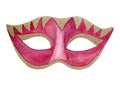 Red magenta Purim masquerade mask in Venetian style carnival mask, hand drawn wathercolor illustration isolated on white