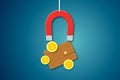 Red magnet attracting many coin with brown wallet on dark blue background as metaphor of concept attract investment.