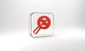 Red Magnifying glass with percent discount icon isolated on grey background. Discount offers searching. Search for Royalty Free Stock Photo