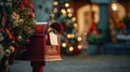 A red mailbox with a bird on it stands in front of a cozy house and a decorated Christmas tree, creating a quaint and