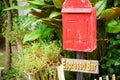 Red mailbox with brown wood with espresso plate background Royalty Free Stock Photo
