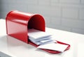 Red mailbox overflowing with letters and postcards on a clean surface Royalty Free Stock Photo
