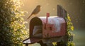 Red mailbox with rust patches, partially open, containing letters inside. A small bird, Royalty Free Stock Photo