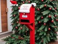 A Red Mailbox With A Santa Hat On It. Generative AI