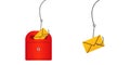 Red mailbox and yellow envelopes on hooks illustrate concept of email phishing or data theft