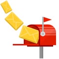 Red mailbox with yellow letter in envelope. Mail and message. Cartoon flat illustration. Work post office Royalty Free Stock Photo