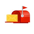 Red mailbox with yellow letter in envelope. Mail and message. Cartoon flat illustration. Work post office Royalty Free Stock Photo