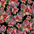 Red malva flowers with green buds and leaves on black background. Seamless floral pattern. Watercolor painting.