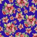 Red malva flowers with green buds and leaves on blue background. Seamless pattern. Watercolor painting.