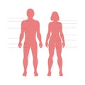 Red man and woman body silhouettes with pointers. Vector human figures for fashion, medical or science need