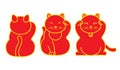 Red Maneki neko / neco set, a cat with a raised paw Japanese luck symbol, illustration, with coin, fish