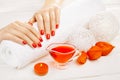 Red manicure with dekor. spa