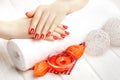 Red manicure with dekor. spa