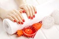 Red manicure with dekor. spa