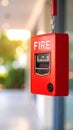 Red manual fire alarm pull station device hanging on chain with blurred background Royalty Free Stock Photo