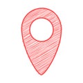 A red map marker icon, hand-drawn with a scribbled texture, set against a clean white background Royalty Free Stock Photo
