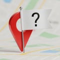 Red map pin on a blurred map background, featuring a small white flag with a large Royalty Free Stock Photo