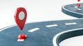 Red map pin on curved road, abstract background, concept of navigation and geolocation. 3D Rendering