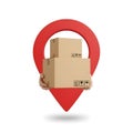 Red map pin with hands extending out holding product cardboard boxes Royalty Free Stock Photo