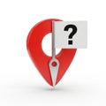 Red map pin icon with a central hole and a metallic pointer. Attached is a small white flag Royalty Free Stock Photo
