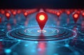 Red map pin markers digitally displayed on abstract futuristic network grid. Location pointers create abstract data Royalty Free Stock Photo