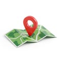 Red Map Pointer Pin on Folded Green Map with Camouflage Pattern on White Background location Royalty Free Stock Photo