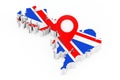 Red Map Pointer Pin over United Kingdom Map with Flag. 3d Rendering