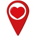Red map pointer with red heart inside icon isolated on white background. Royalty Free Stock Photo