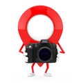 Red Map Pointer Target Pin Character Mascot with Modern Digital Photo Camera. 3d Rendering Royalty Free Stock Photo